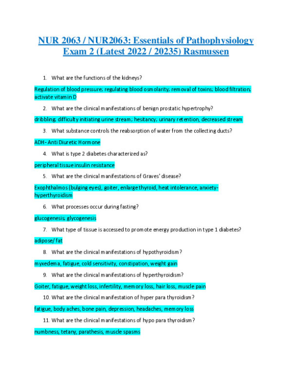 2022-2023 NUR2063 Essentials of Pathophysiology Exam 2 With Answers (125 Solved Questions)