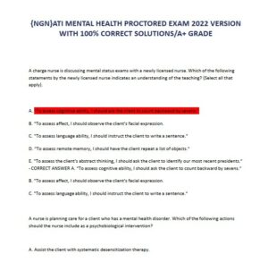 2022 ATI Mental Health Proctored Exam with Answers (157 Solved Questions)