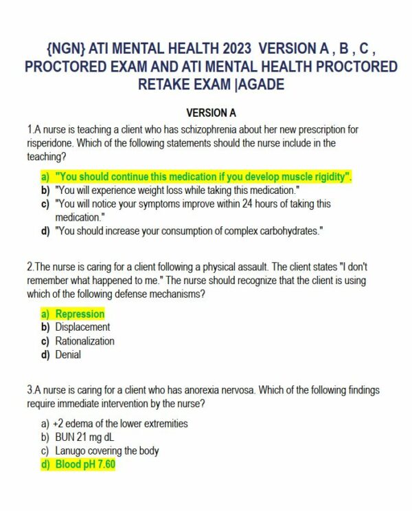 2023 ATI Mental Health Proctored Exam with Answers (70 Solved Questions)