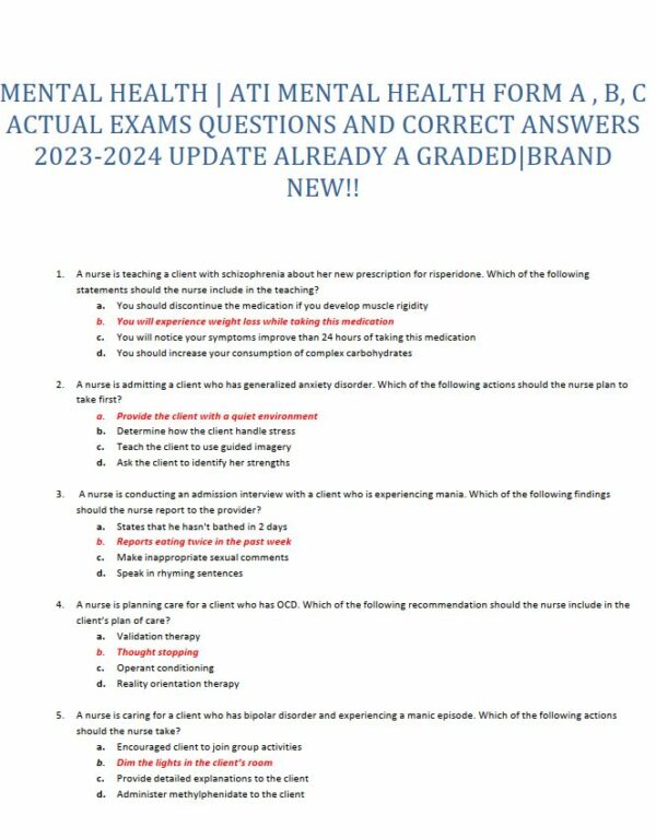 2023-2024 ATI Mental Health Practice Exam with Answers (70 Solved Questions)