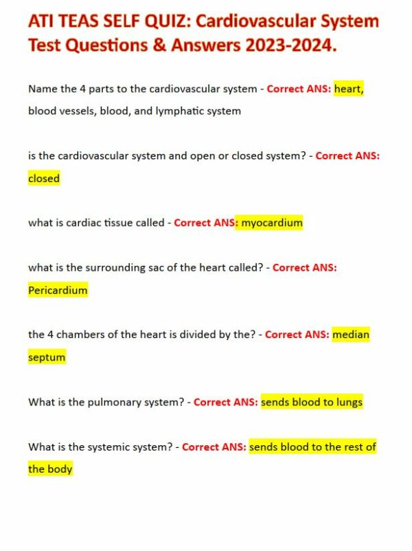 2023-2024 ATI Cardiovascular Teas Exam with Answers (33 Solved Questions)