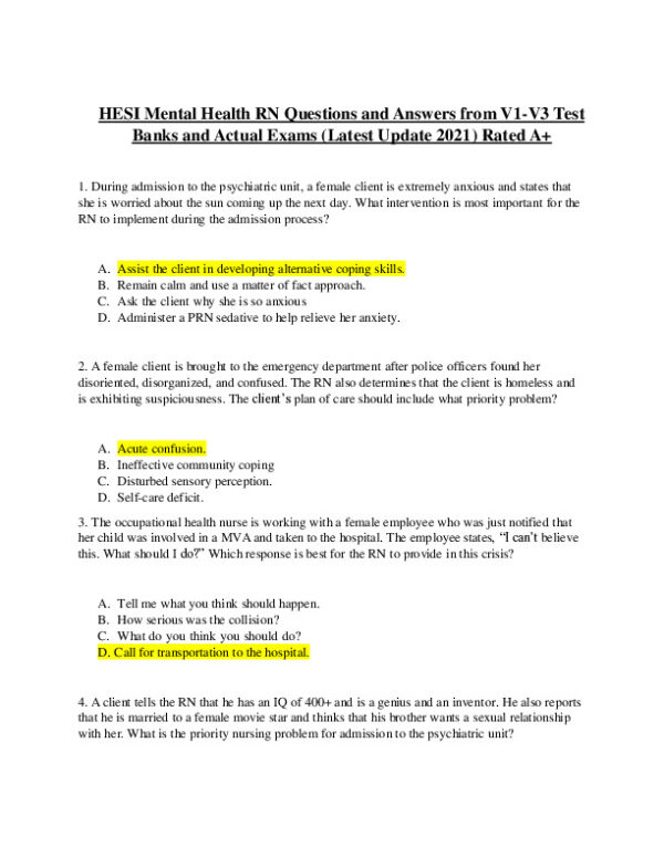 2021 HESI RN Medical Health Test Bank Version 1 to Version 3 With Answers (29 Solved Questions)
