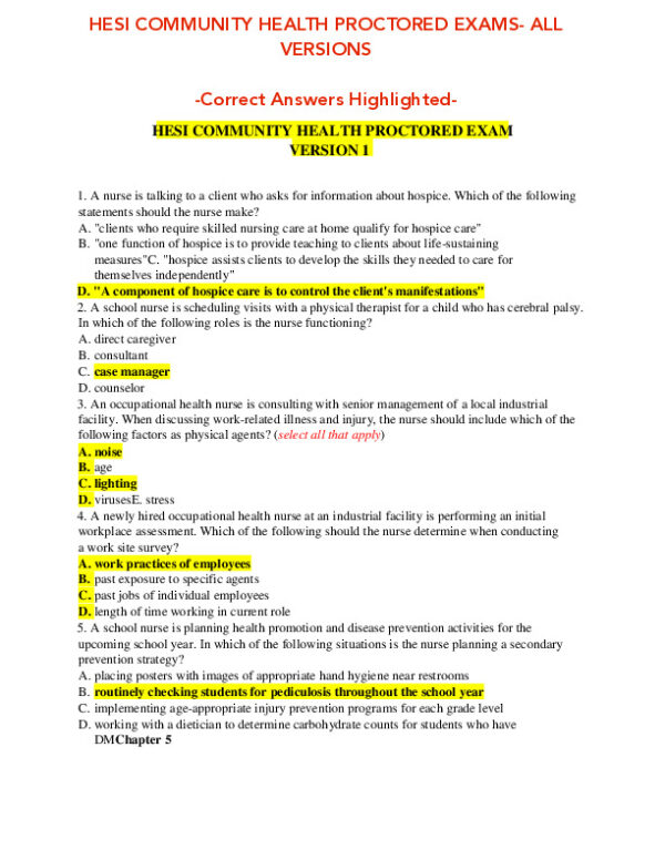 2021 HESI Community Health Proctored Exam Version 1 With Answers (35 Solved Questions)