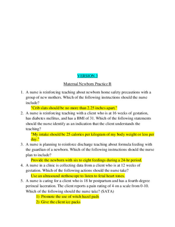 ATI RN Maternal Newborn Proctored Exam Version 3 With Answers (50 Solved Questions)