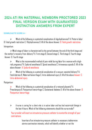 2023-2024 ATI RN Maternal Newborn Proctored Exam With Answers (423 Solved Questions)