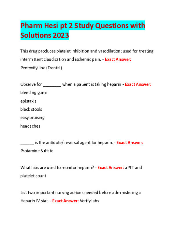 2023 HESI Pharmacology Study Question Part 2 With Answers (42 Solved Questions)
