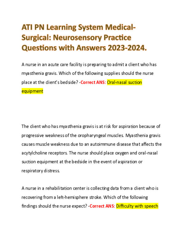 2023-2024 ATI PN Medical Surgical Neurosensory Practice Question With Answers (30 Solved Questions)