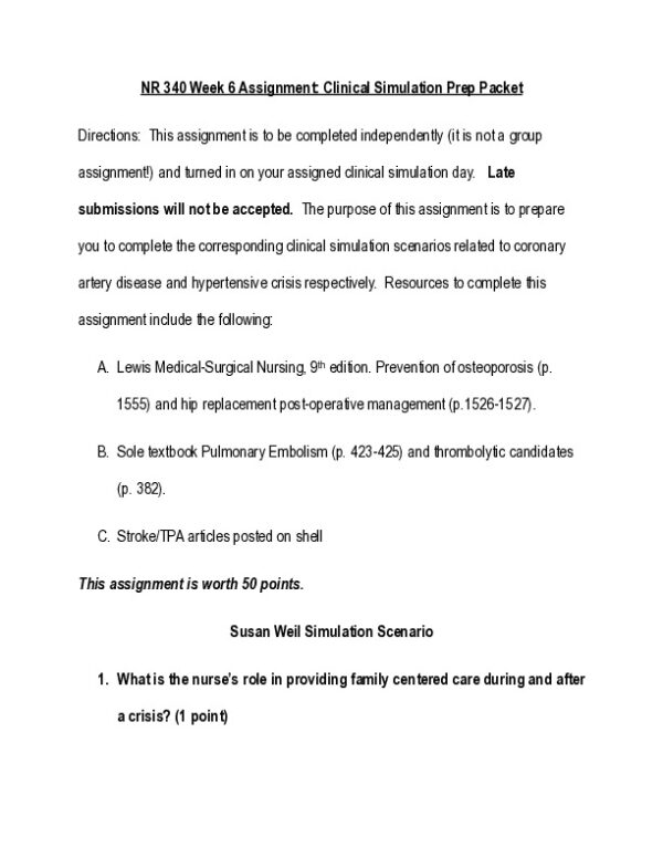 NR340 Pathophysiological Week 6 Assignment: Clinical Simulation Prep Packet With Answers (19 Solved Questions)