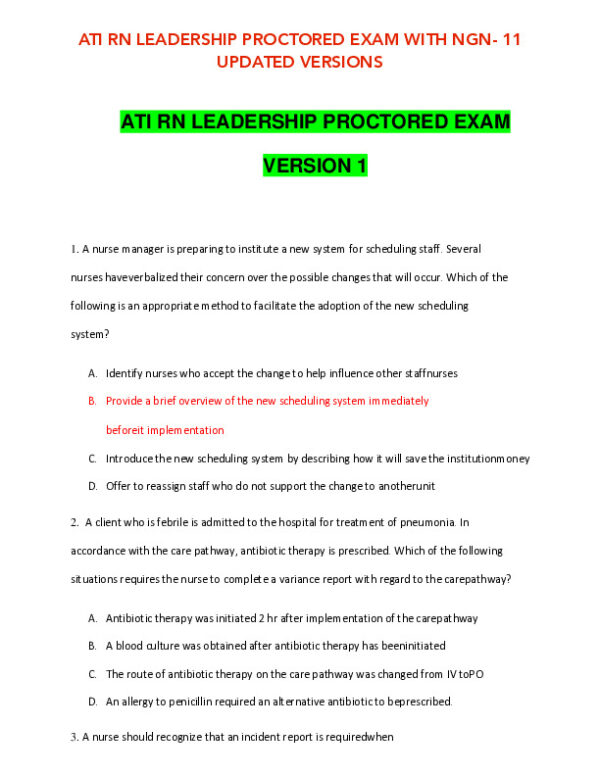 2020 ATI RN Leadership Proctored Exam Version 1 With Answers (19 Solved Questions)