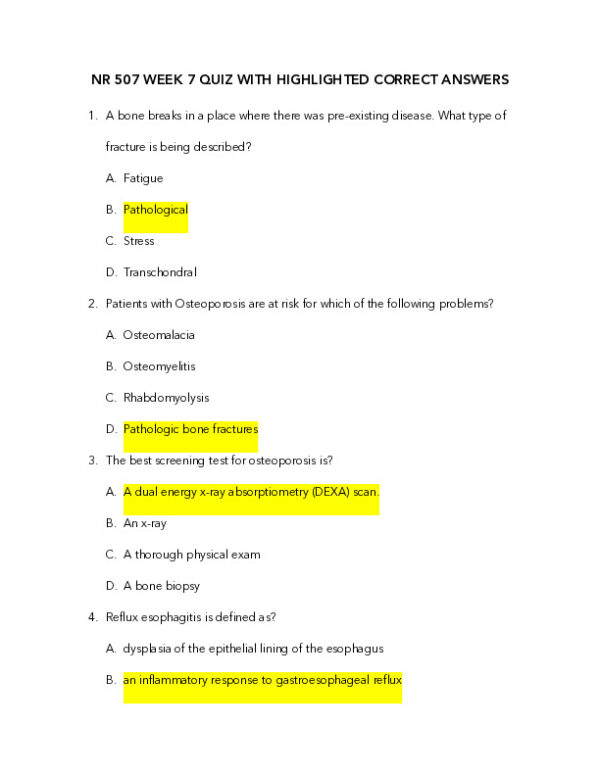 NR507 Pathophysiology Week 7 Quiz With Answers (20 Solved Questions)
