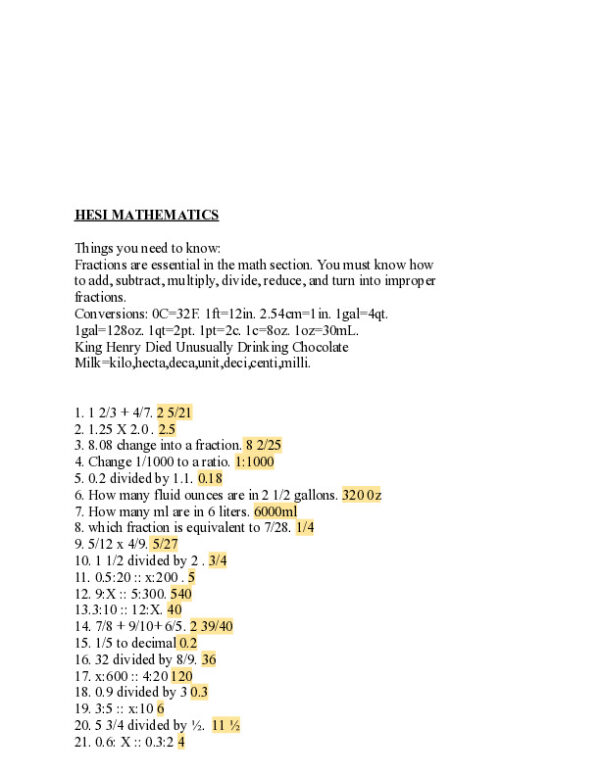 2020 HESI Mathematics A2 Entrance Exam With Answers (90 Solved Questions)