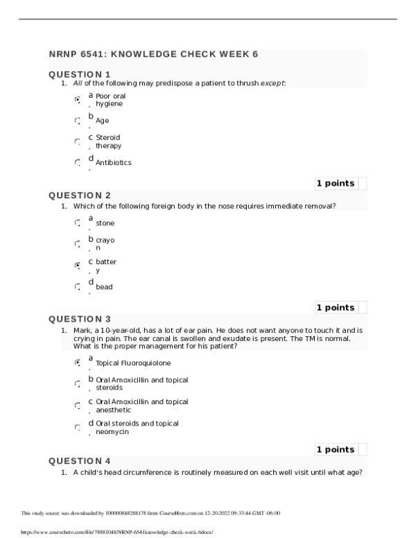 NRNP6541 Clinical Analysis Knowledge Check Week 6 With Answers (20 Solved Questions)