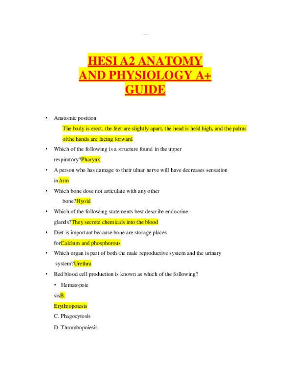 HESI Anatomy and Physiology A2 Study Guide With Answers (246 Solved Questions)