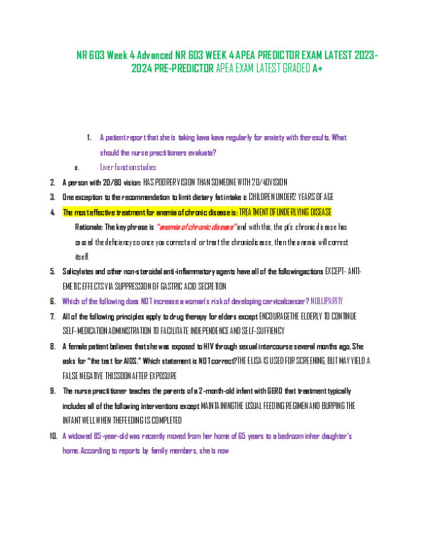 2023-2024 NR603 Clinical Analysis Apea Predictor Exam Week 4 With Answers (620 Solved Questions)