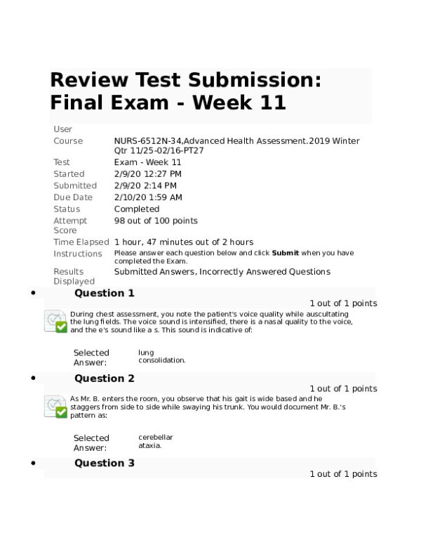 2019 NURS6512 Walden University Advanced Health Assessment Final Exam Week 11 With Answers (100 Solved Questions)