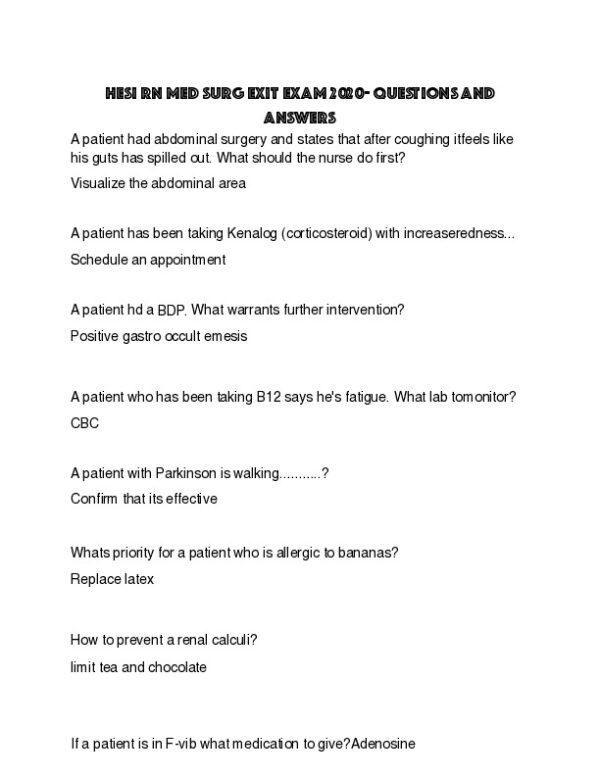 2020 HESI RN Medical Surgical Exit Exam With Answers (93 Solved Questions)