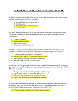 2020-2021 HESI Houston Community College RN Mental Health Test Banks Version 1 With Answers (94 Solved Questions)