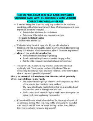 2023 HESI Pediatrics OB Test Bank Revised 2 Versions With Answers (95 Solved Questions)
