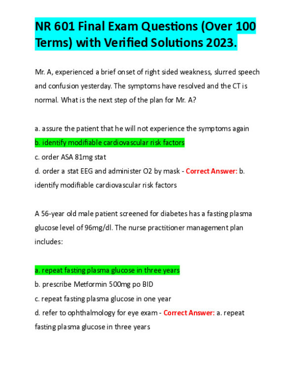 2023 NR601 Clinical Analysis Final Exam With Answers (97 Solved Questions)