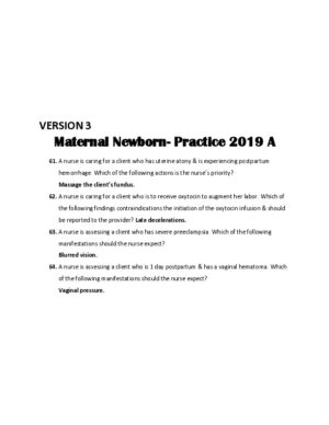 2019 ATI RN Maternal Newborn OB Exam Version 3 With Answers (59 Solved Questions)