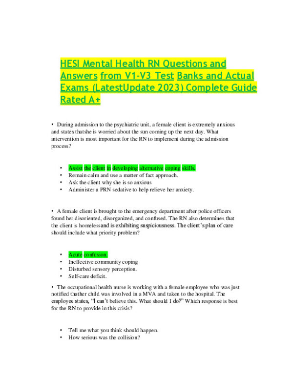 2023 HESI RN Mental Health Test Bank Version 1 to Version 3 With Answers (165 Solved Questions)