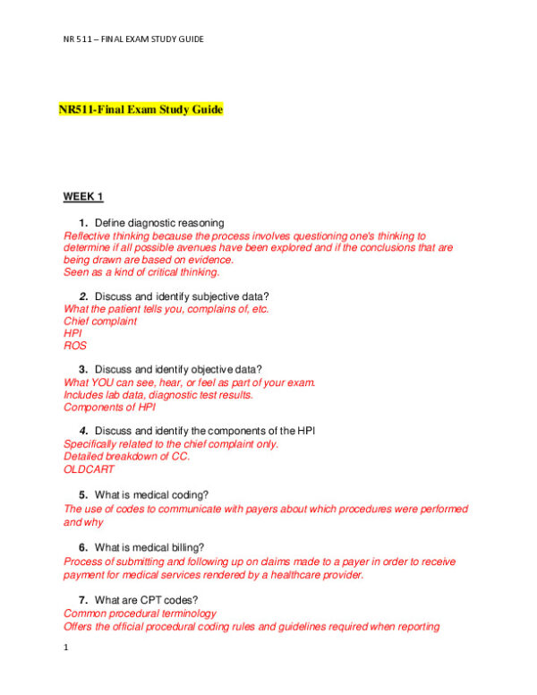 NR511 Clinical Analysis Final Exam Study Guide With Answers (137 Solved Questions)