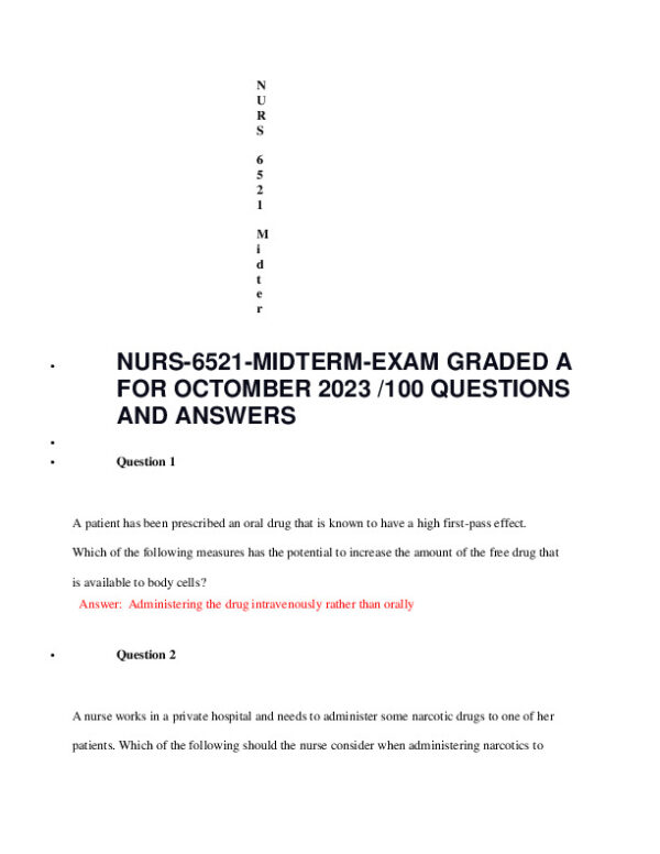 2023 NURS6521 Pharmacology Midterm Exam Set 2 and 3 With Answers (100 Solved Questions)