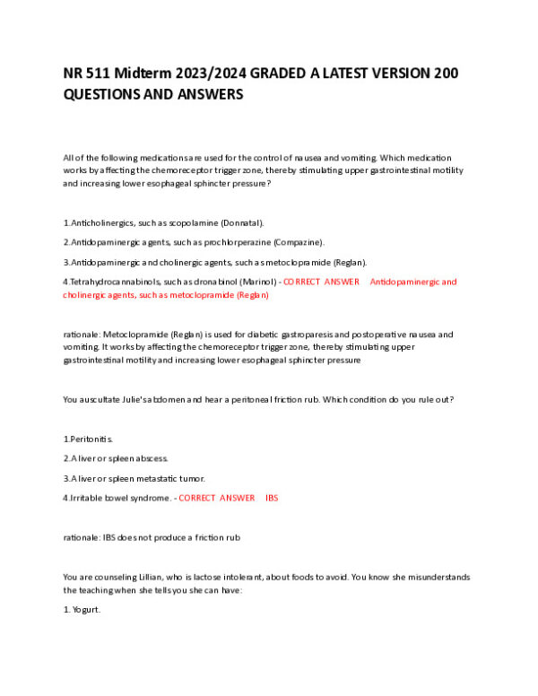 2023-2024 NR511 Pharmacology Mid Term Exam With Answers (201 Solved Questions)