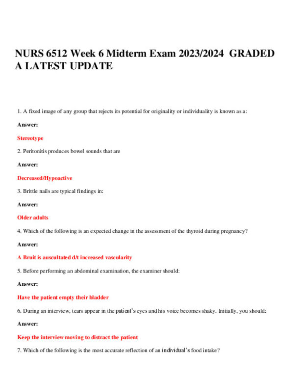 2023-2024 NURS6512 Health Assessment Midterm Exam Version 1 With Answers (101 Solved Questions)