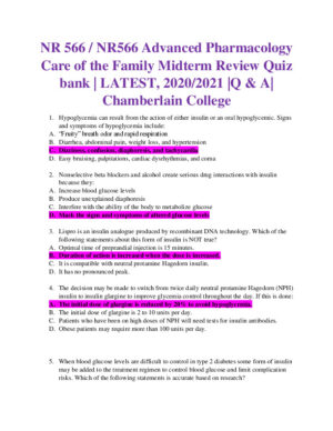2020-2021 NR566 Chamberlain College of Nursing Advanced Pharmacology Care of the Family Midterm Exam Review With Answers (247 Solved Questions)