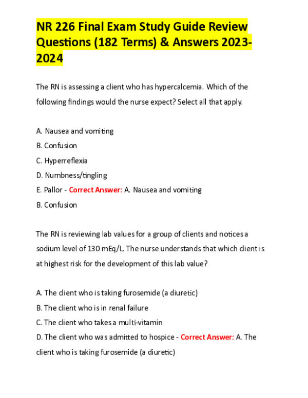 2023-2024 NR226 Clinical Analysis Final Exam Study Guide Review Question With Answers (170 Solved Questions)