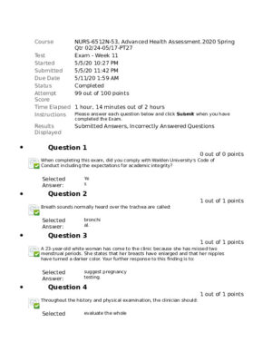 2020 NURS6512 N53 Advanced Health Assessment Week 11 Exam With Answers (101 Solved Questions)