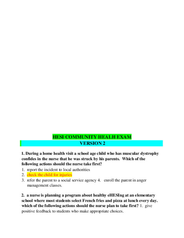 2021 HESI Community Health Proctored Exam Version 2 With Answers (57 Solved Questions)