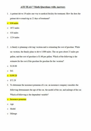 ATI Mathematics Teas Exam with Answers (111 Solved Questions)
