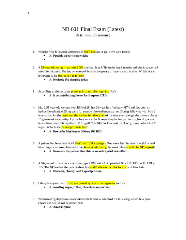 2021 NR601 Care of the Mature Adults Final Exam With Answers (10 Solved Questions)