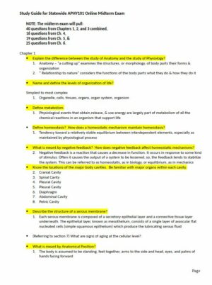 APHY101 Anatomy and Physiology Study Guide Online Midterm Exam with Answers (100 Solved Questions)