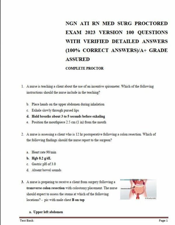 2023 NGN ATI RN Med Surg Proctored Exam with Answers (240 Solved Questions)