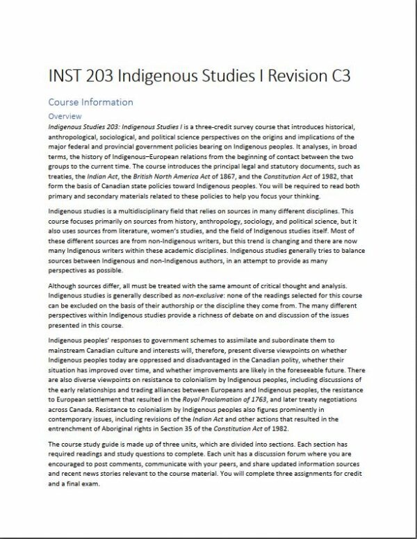INST 203 Indigenous Studies 1 Revision C3 (1 Solved Case)