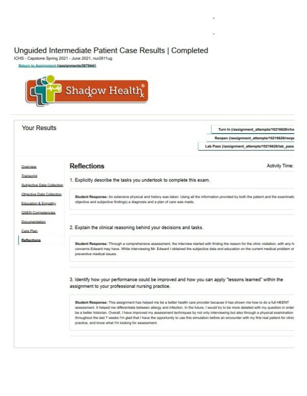 2021 NUR2811 Unguided Intermediate Patient Case Results (1 Solved Case)