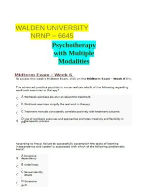 NRNP6645 Psychotherapy Midterm Exam Week 6 with Answers (108 Solved Questions)