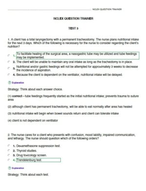 NCLEX Kaplan Trainer Test 3 Practice Exam with Answers (100 Solved Questions)
