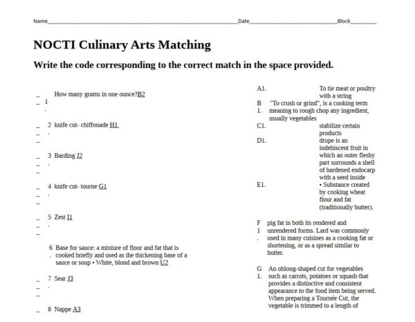 NOCTI Terminology for Culinary Arts Practice Exam with Answers (5 Solved Questions)