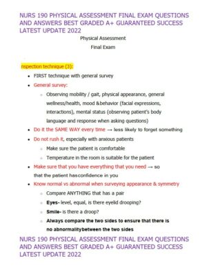 2022 NURS190 Physical Assessment Final Exam (32 Solved Assessments)