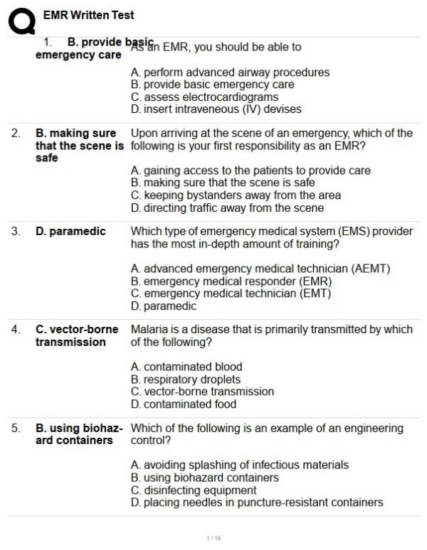 EMR Written Test Practice Exam with Answers (100 Solved Questions)