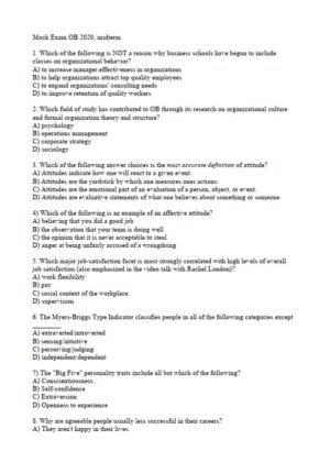 202 Mock OB Midterm Exam with Answers (30 Solved Questions)