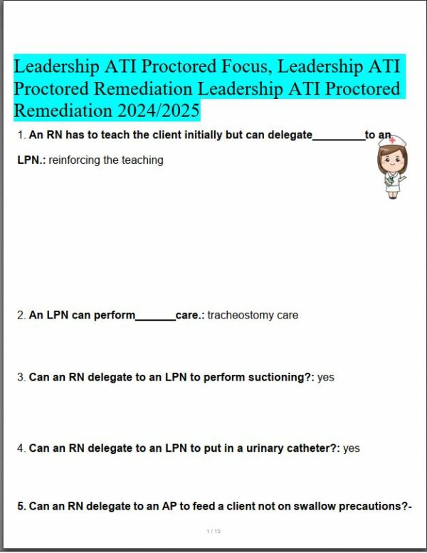 2024-2025 ATI Leadership Proctored Focus Practice Exam with Answers (63 Solved Questions)