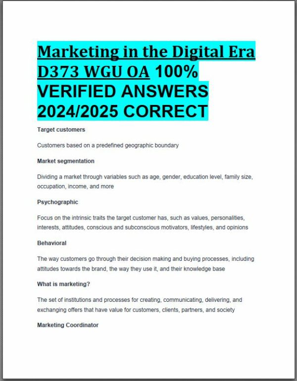 2024-2025 D373 WGU OA Marketing in The Digital Era Practice Exam with Answers (120 Solved Questions)