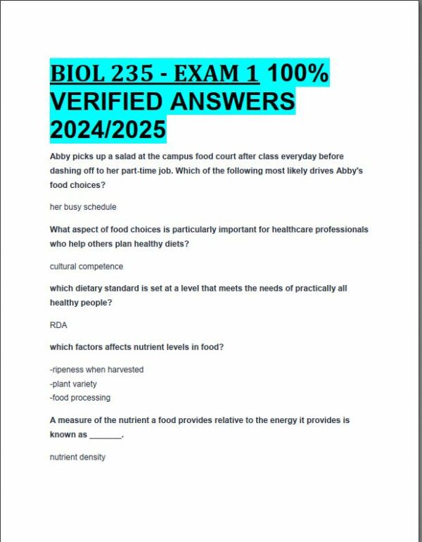 2024-2025 BIOL235 Nutrition Practice Exam with Answers (38 Solved Questions)