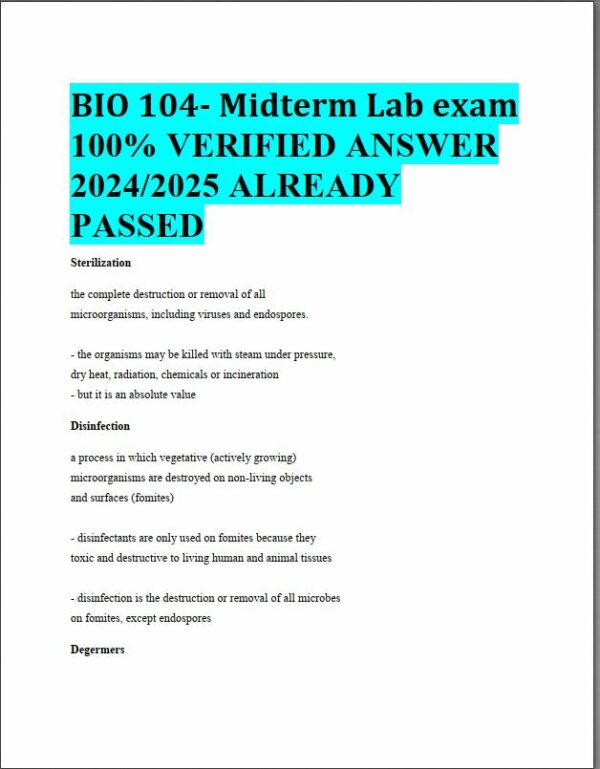 2024-2025 BIO104 Midterm Lab Exam with Answers (95 Solved Questions)