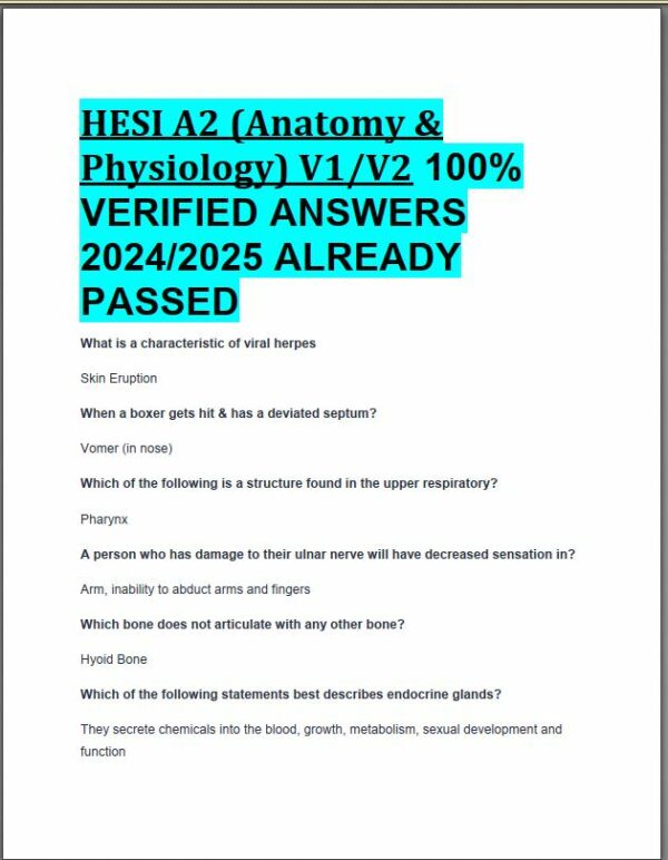 2024-2025 HESI A2 Anatomy and Physiology V1/V2 Practice Exam with Answers (134 Solved Questions)